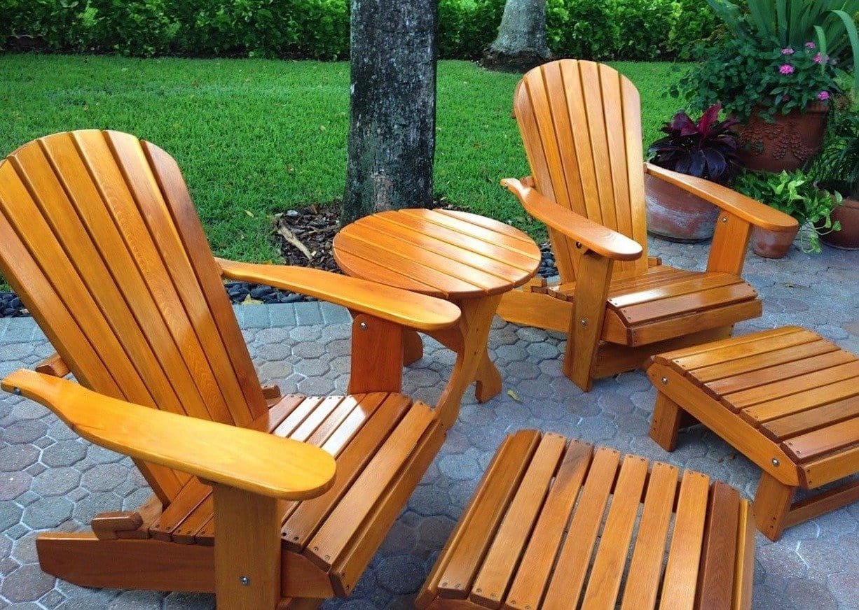 Treated Light Clear Cedar Royal Complete Patio Set 2 Adirondack Royal Chairs, 2 Royal Adirondack Footstools Ottomans and 1 Adirondack Round Table 